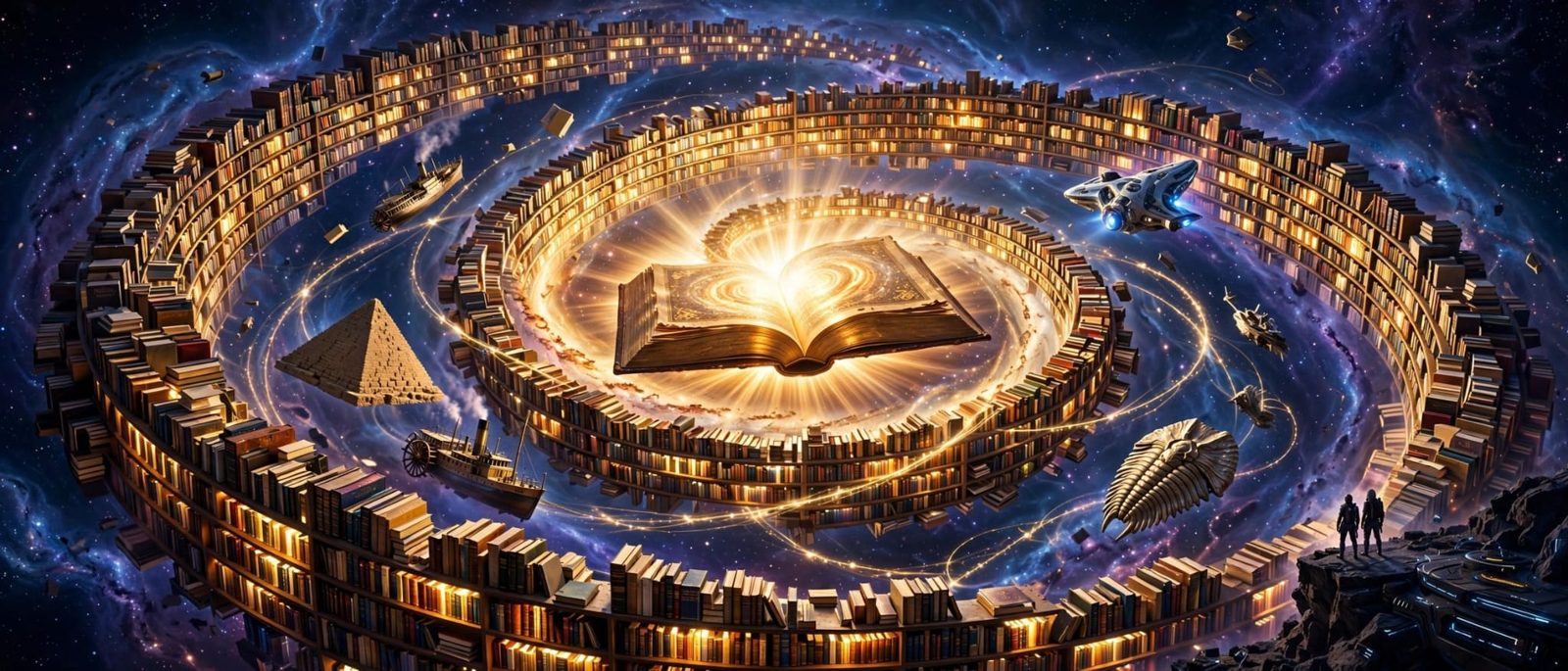 A spiral of glowing bookshelves in space around a great open book, with a pyramid, a steamship, a trilobite and a starship drifting through the galaxy